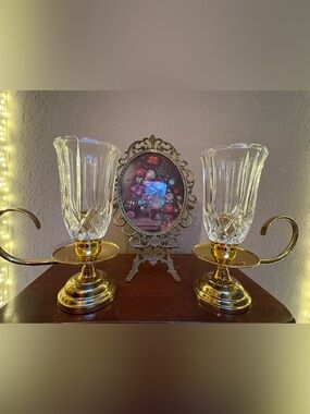 Vintage Crystal and Brass Candelabra Set